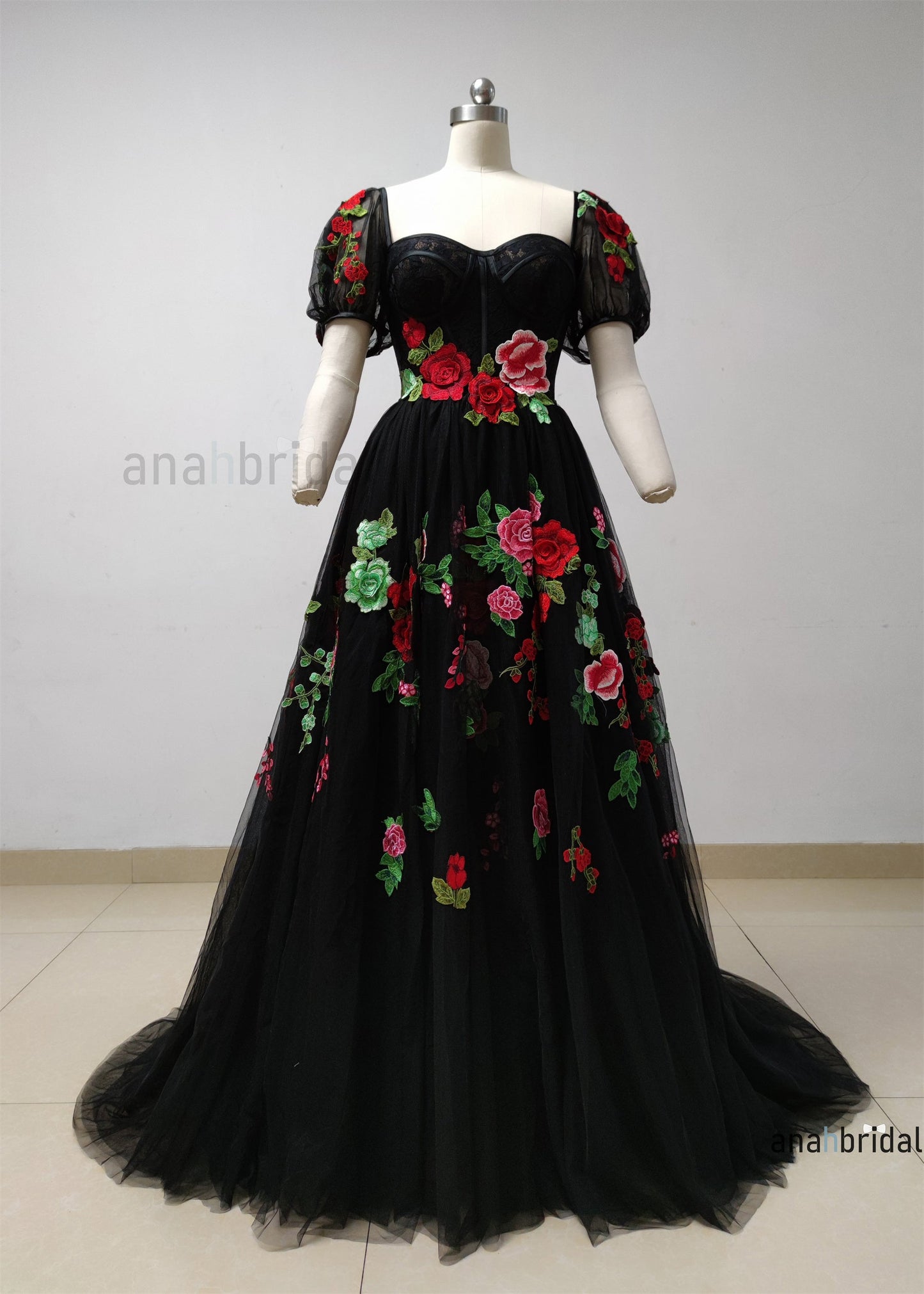 Black Embroidered Lace Tulle Prom Dress