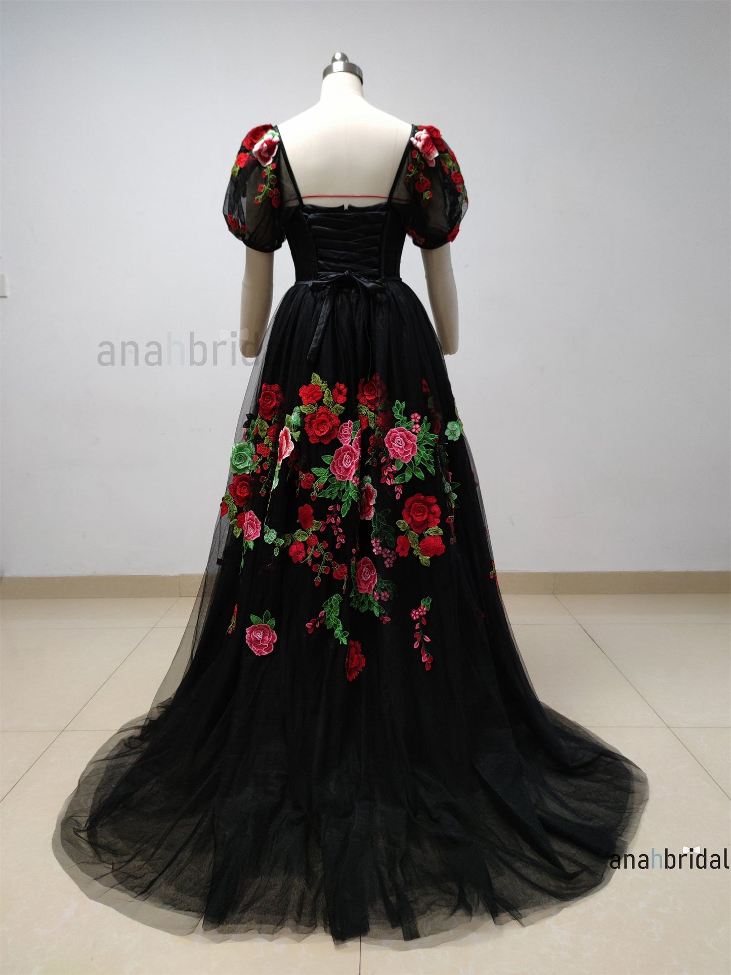 Black Embroidered Lace Tulle Prom Dress