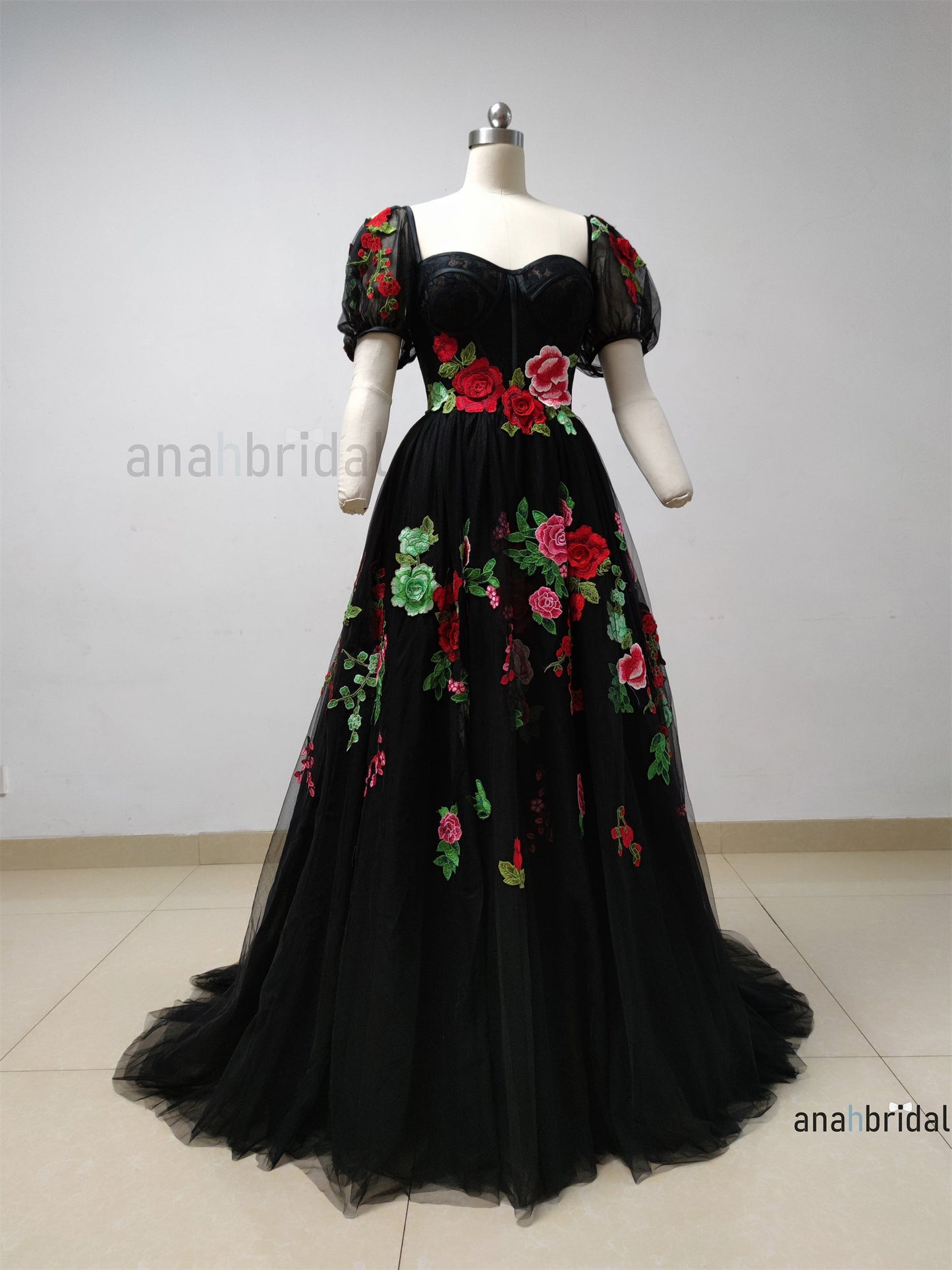 Black Embroidered Lace Tulle Prom Dress