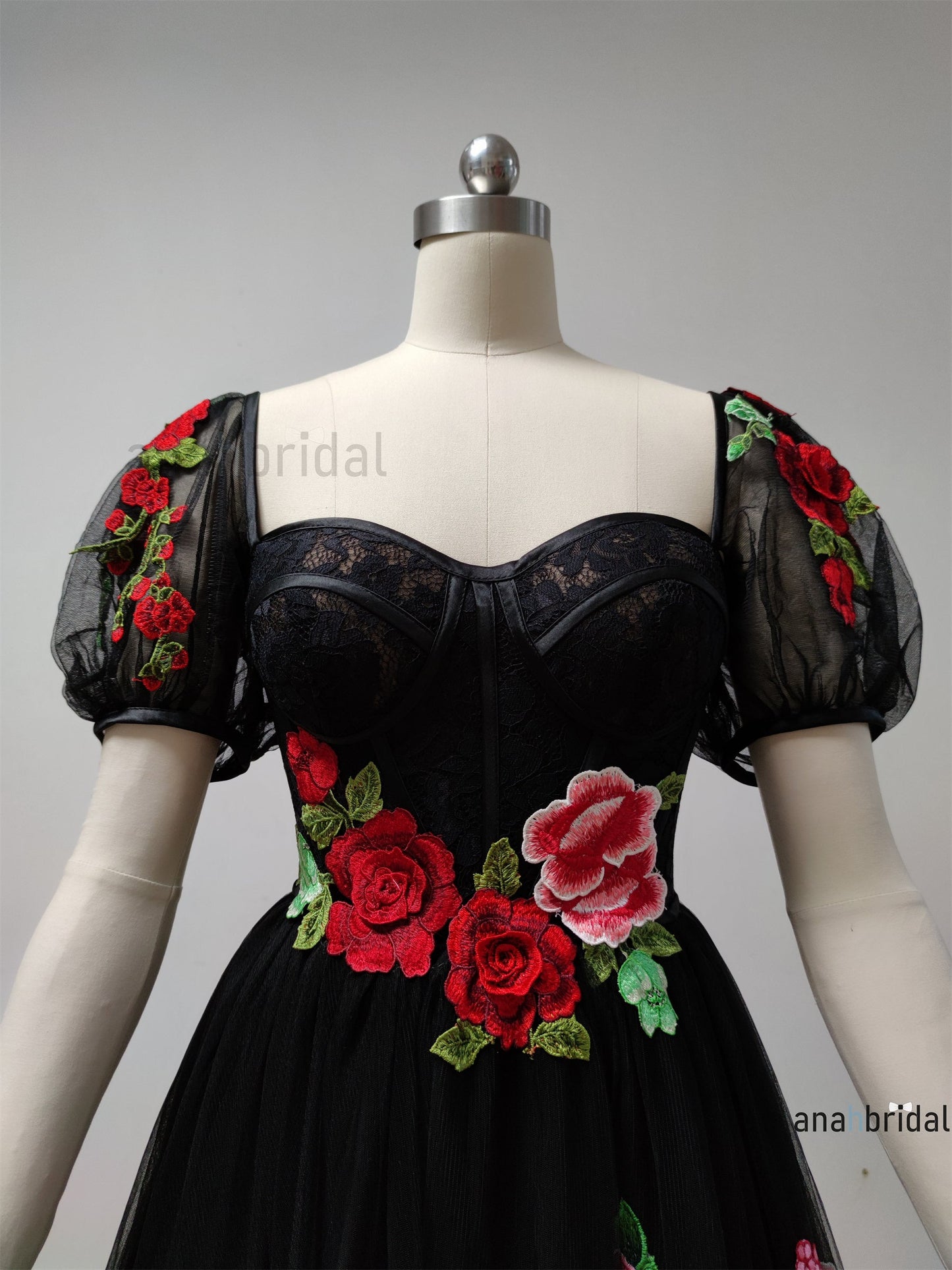 Black Embroidered Lace Tulle Prom Dress