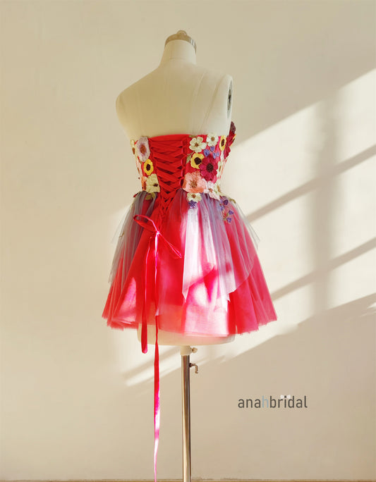 Hot Pink Short Prom Dress/ Floral Party Dress