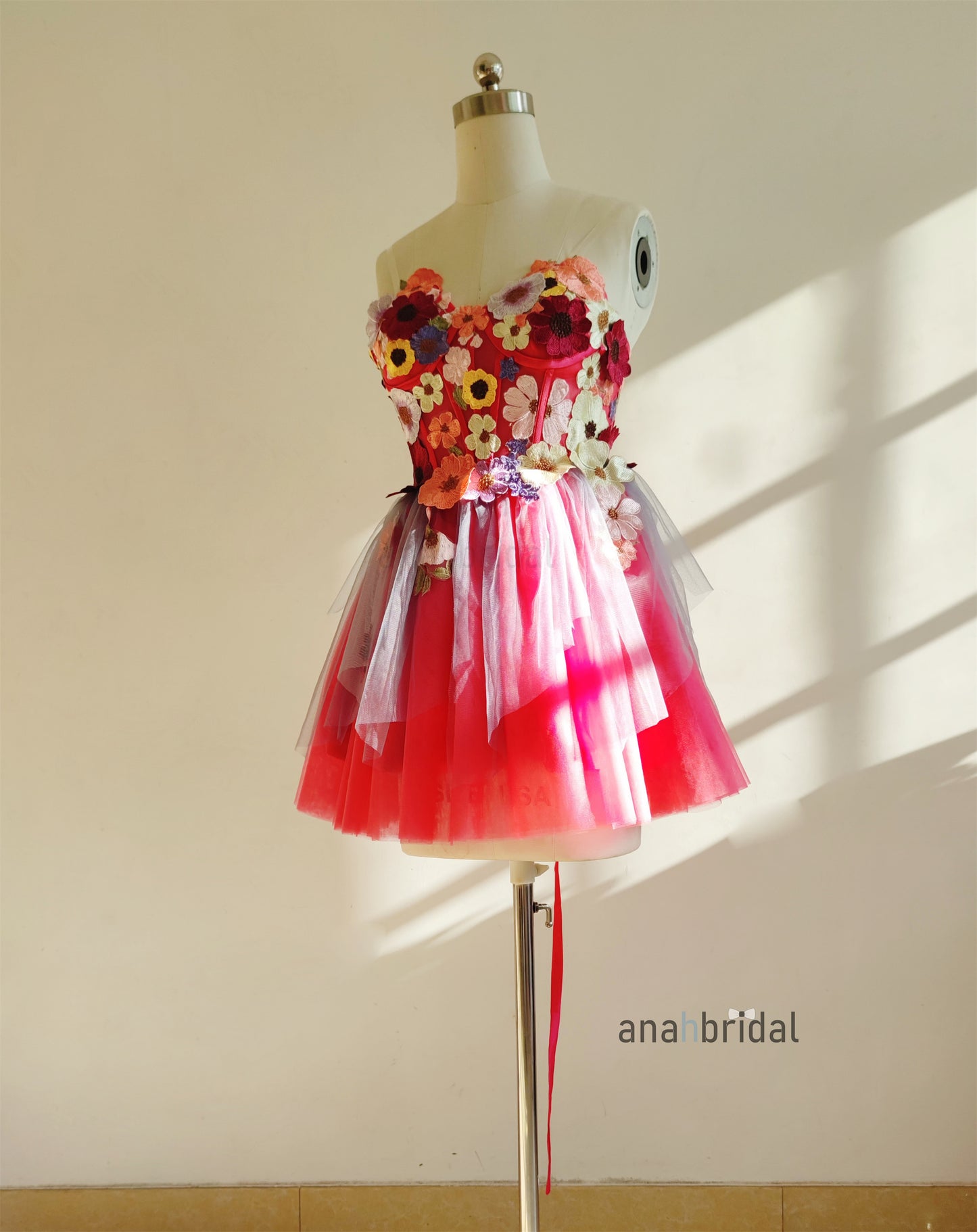 Hot Pink Short Prom Dress/ Floral Party Dress