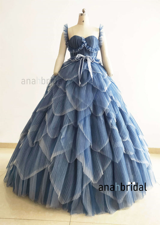 Pleated Tulle Petals Photoshoot Dress/ Prom Dress