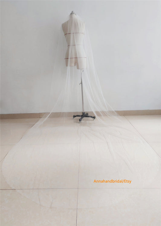 White Plain Tulle Long Train Wedding Veil