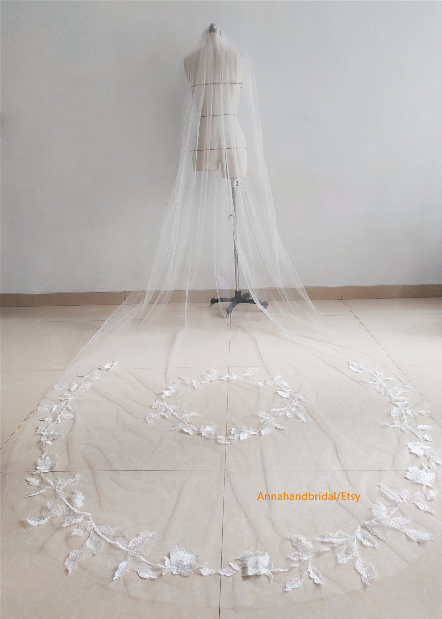 Ivory Embroidered Lace Long Train Wedding Veil