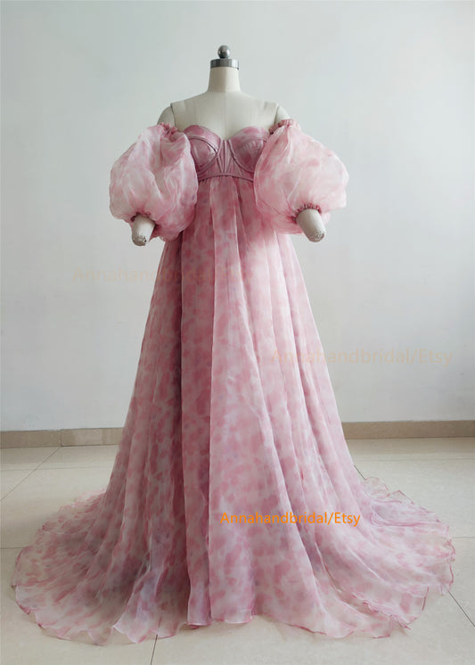 Pink Printed Organza Maternity Dress