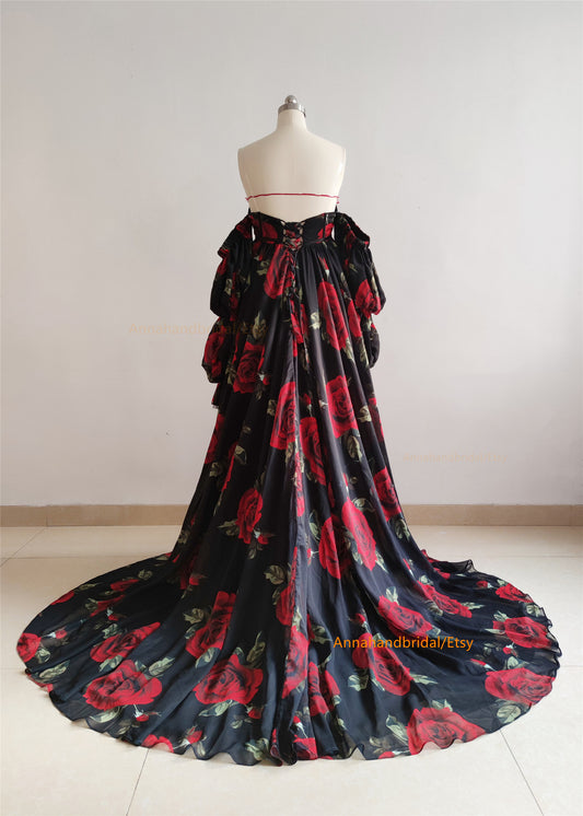 Red Rose Chiffon Maternity Dress For Photo Shoot