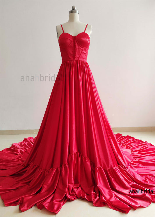 Spaghetti Straps Red Satin Wedding Dress