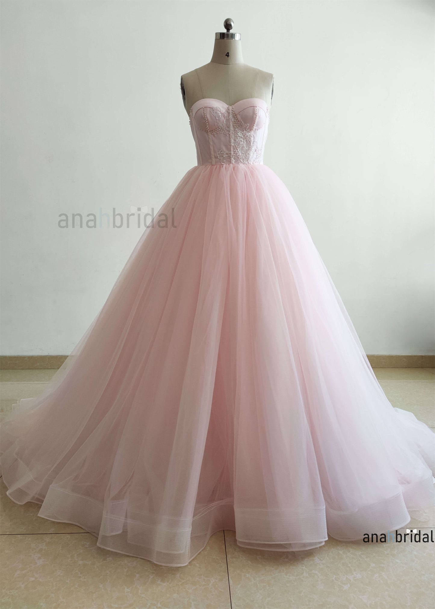 Strapless Pink Lace Tulle Fancy Wedding Dress