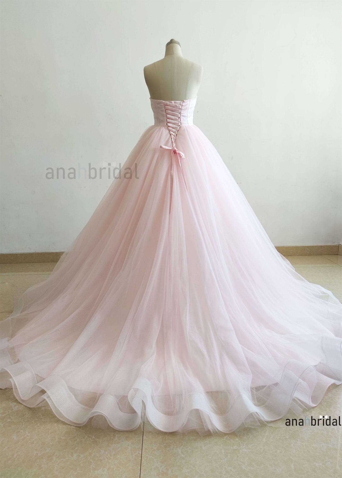 Strapless Pink Lace Tulle Fancy Wedding Dress