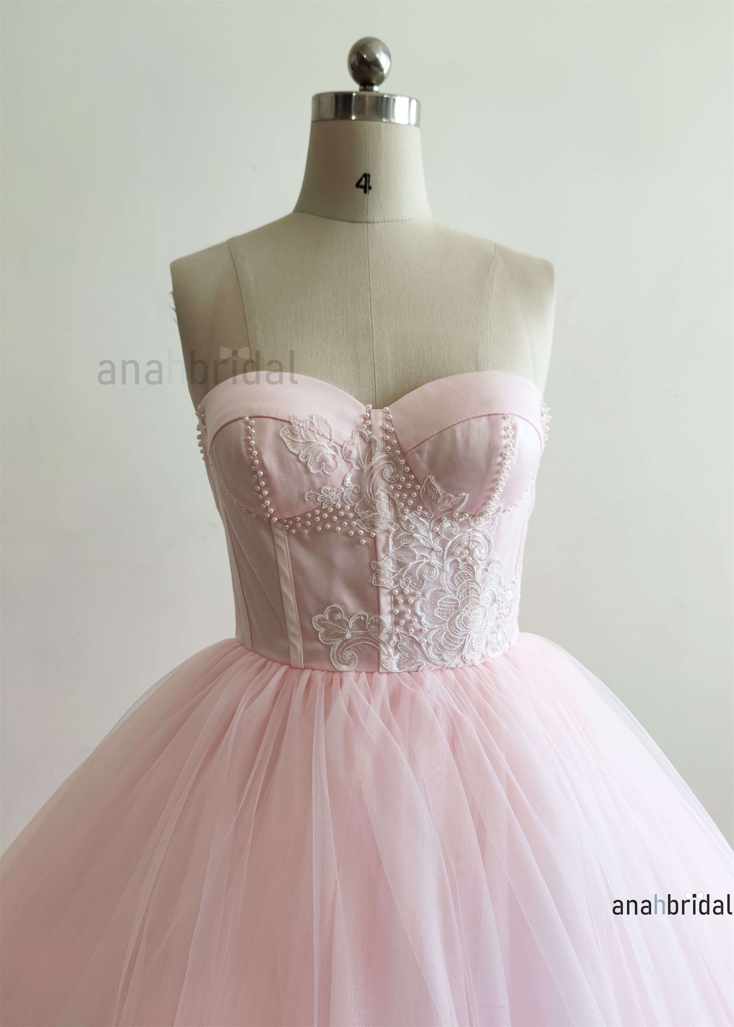 Strapless Pink Lace Tulle Fancy Wedding Dress