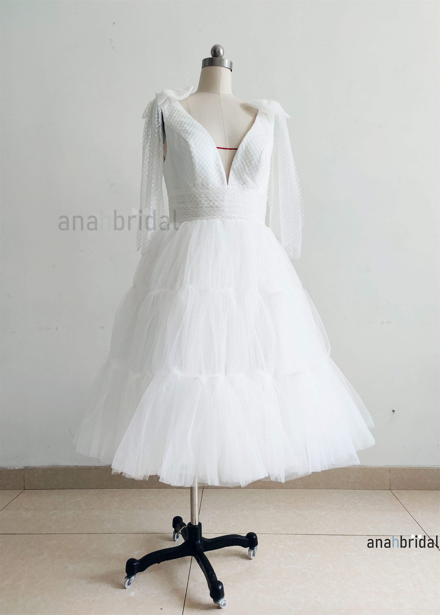 Ivory Check Tulle Knee Length Wedding Dress