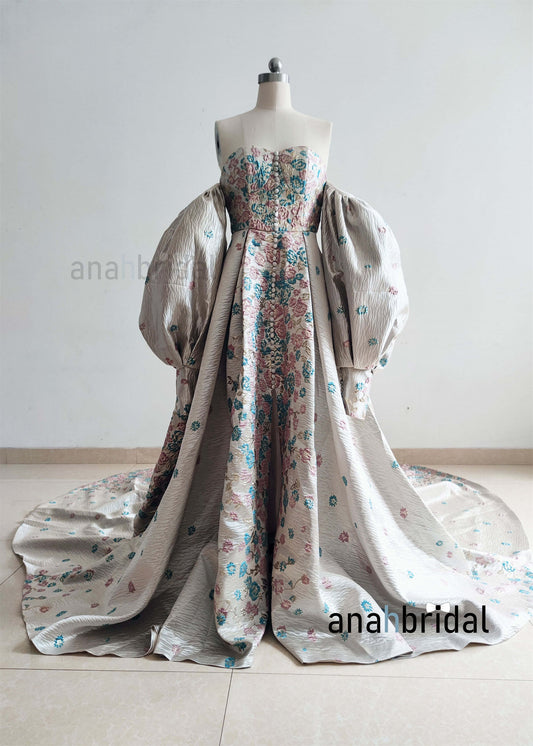 Off Shoulder Gray Brocade Photoshoot Dress/Prom Dress