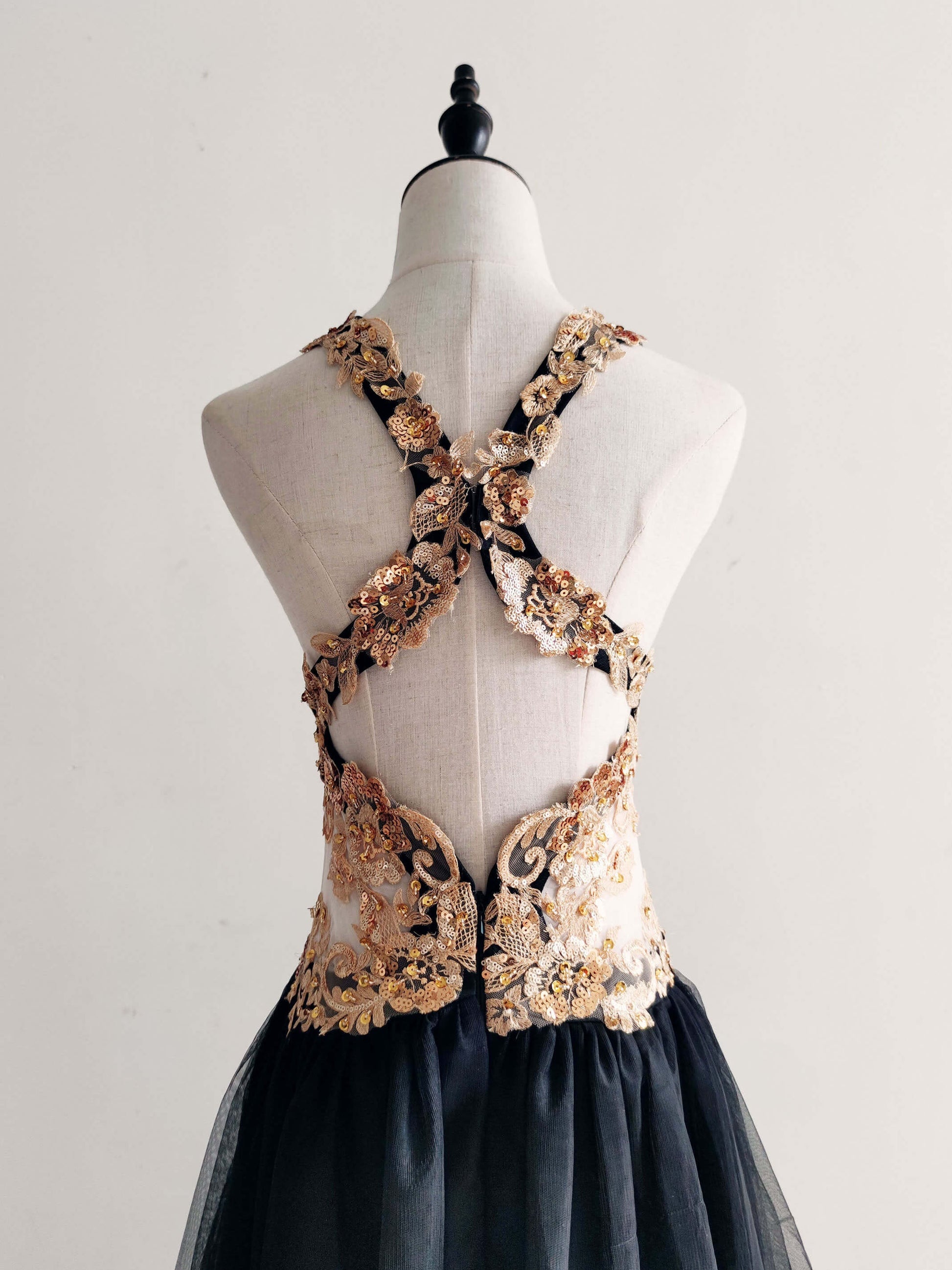 black and rose gold formal dress Long Illusion Prom Dress with Metallic Accents