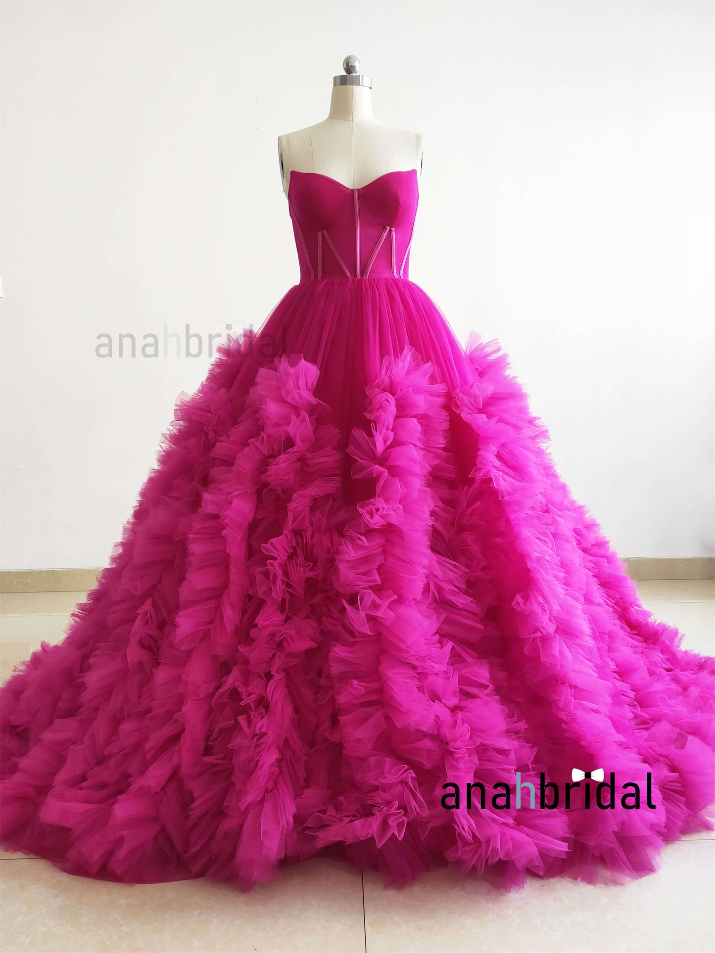 Hot Pink Photoshoot Dress Ruffled Puffy Wedding Party Dress Prom Dress