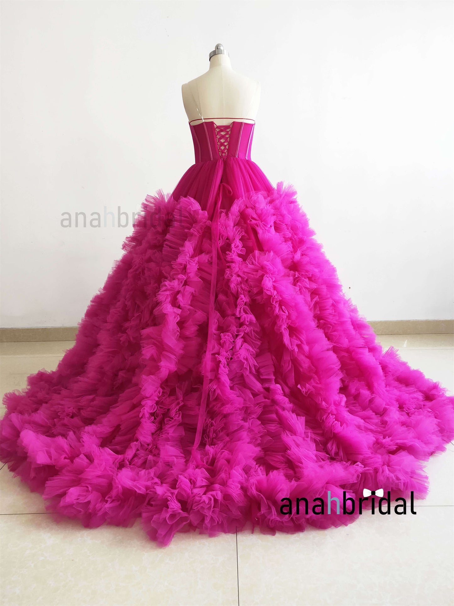 Hot Pink Photoshoot Dress Ruffled Puffy Wedding Party Dress Prom Dress