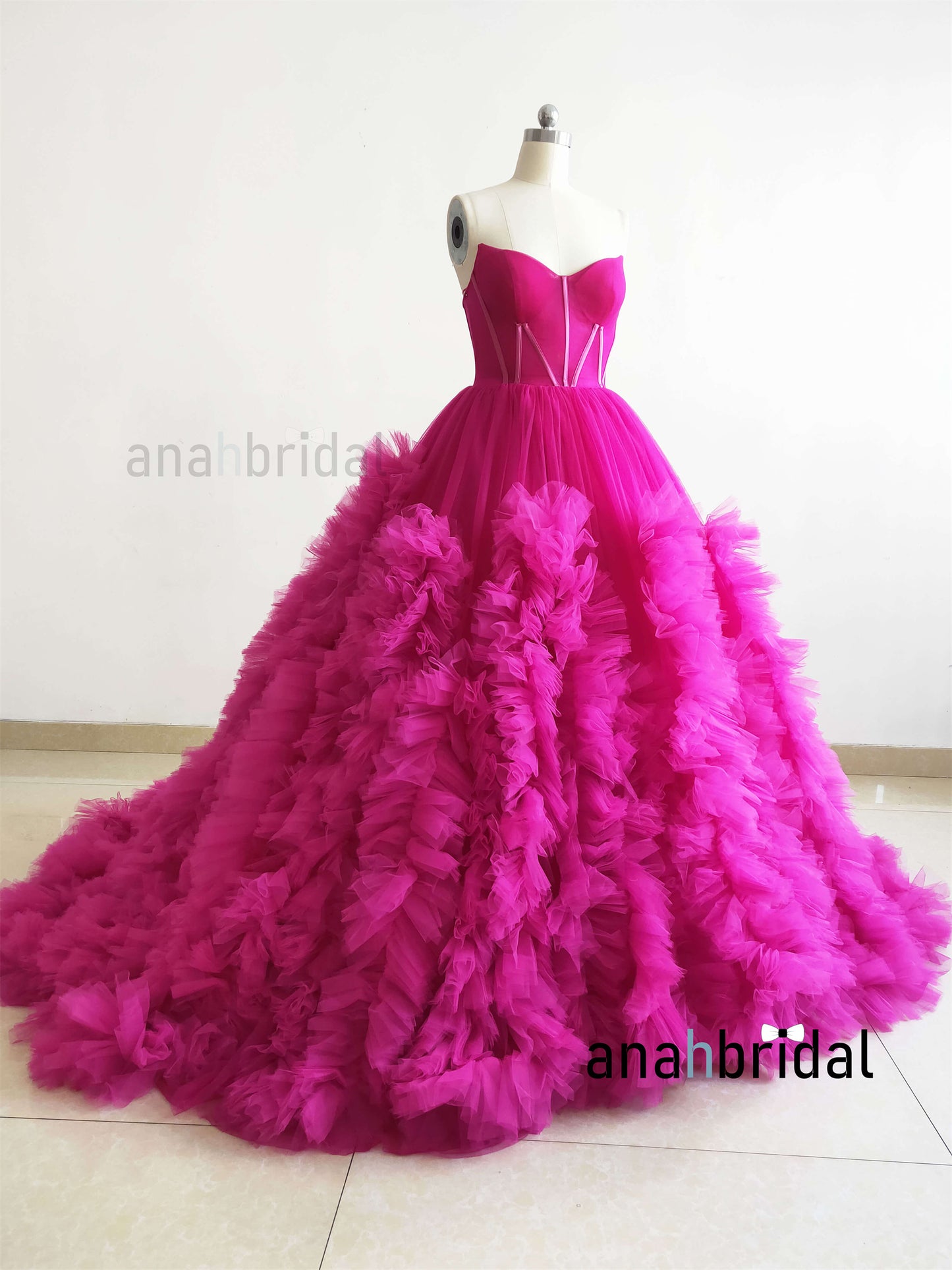 Hot Pink Photoshoot Dress Ruffled Puffy Wedding Party Dress Prom Dress