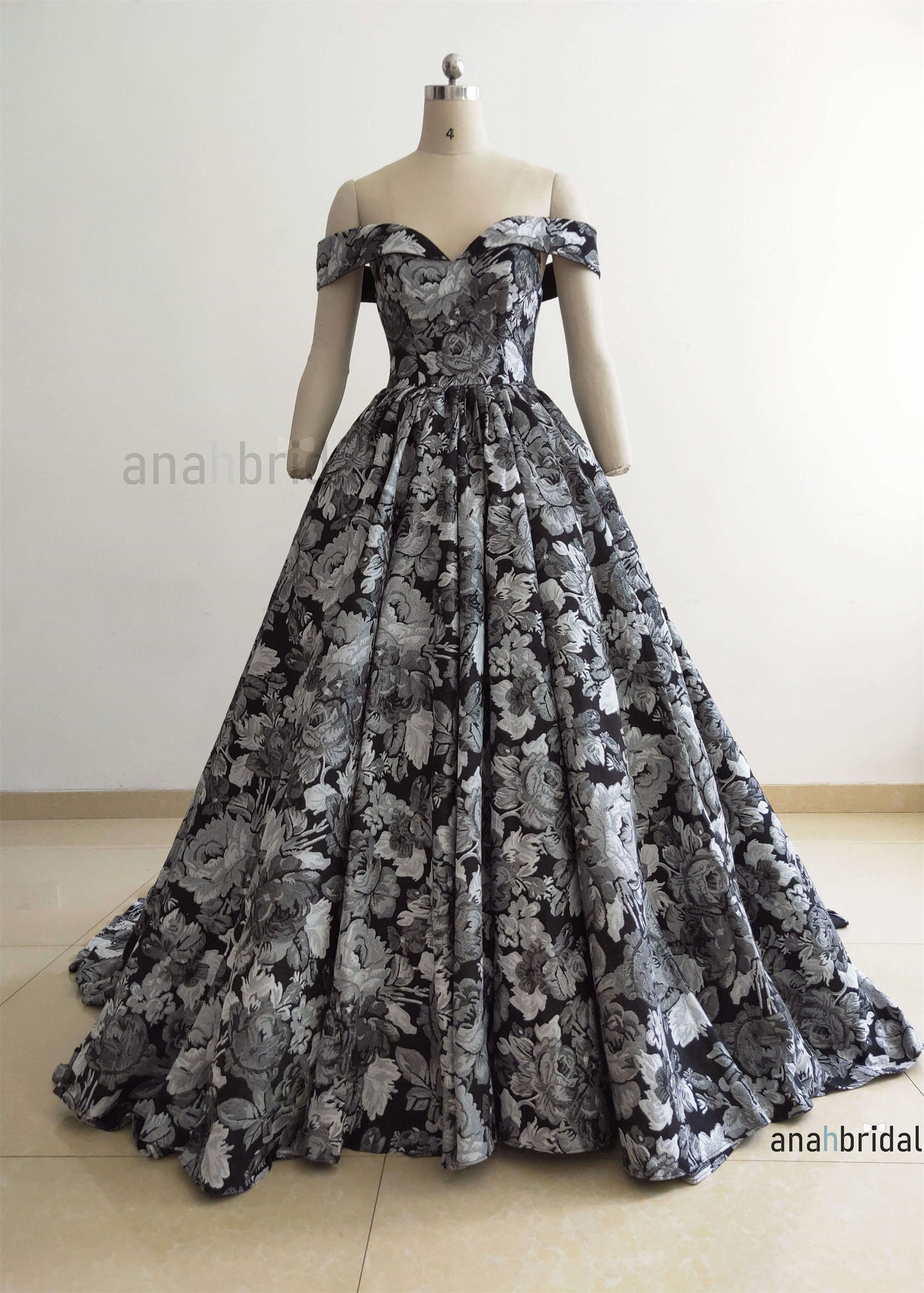 Off Shoulder Black Floral Print PhotoShoot Dress
