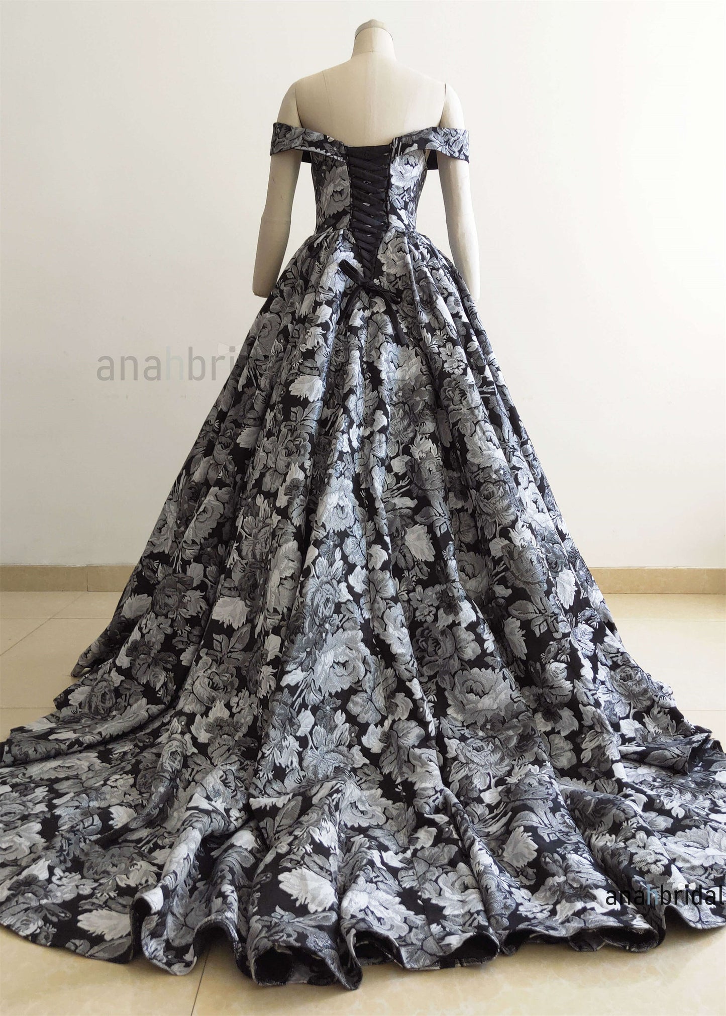Off Shoulder Black Floral Print PhotoShoot Dress