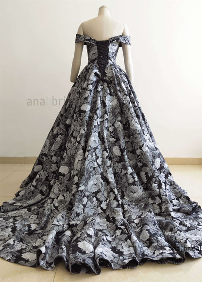 Off Shoulder Black Floral Print PhotoShoot Dress