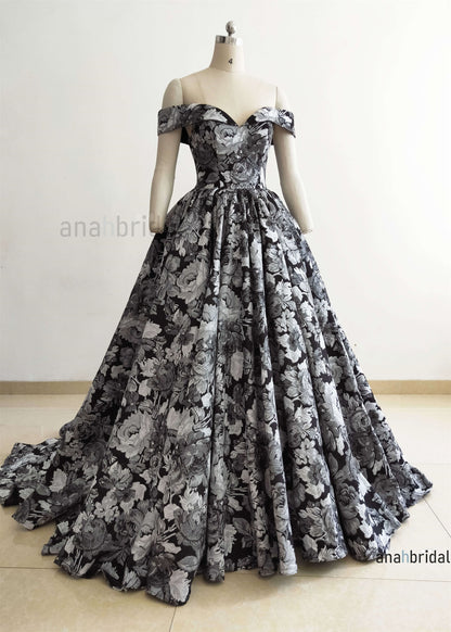 Off Shoulder Black Floral Print PhotoShoot Dress