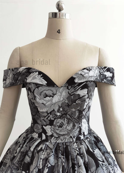 Off Shoulder Black Floral Print PhotoShoot Dress