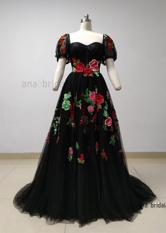 Black Embroidered Lace Tulle Prom Dress