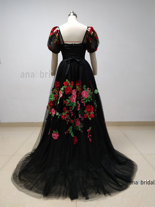 Black Embroidered Lace Tulle Maternity Dress