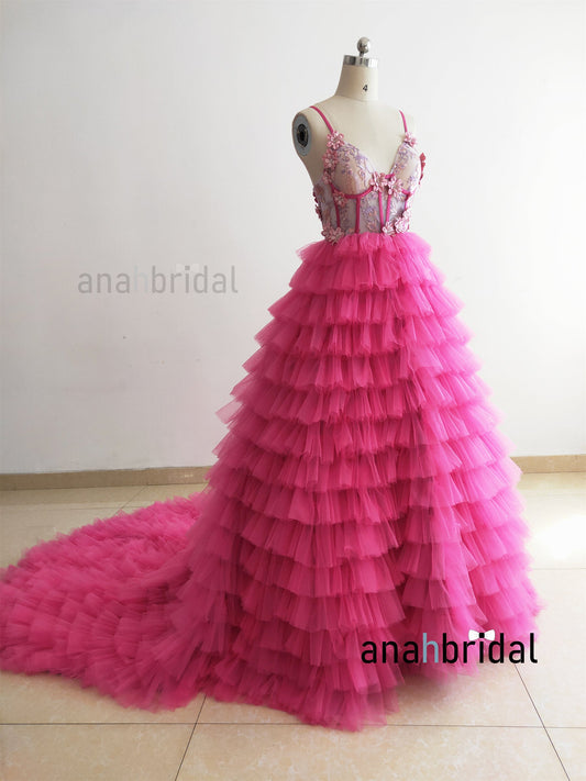 Spaghetti Straps Hot Pink Ruffled Photo Shoot Dress
