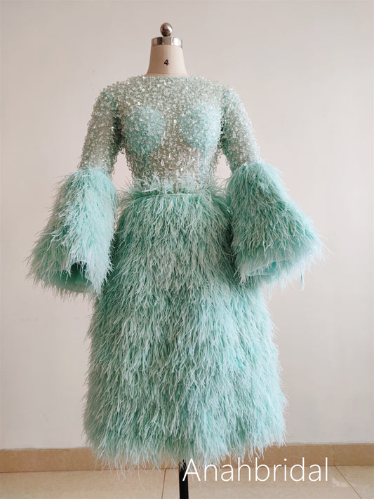 Light  Green Beaded Feather Prom Dress