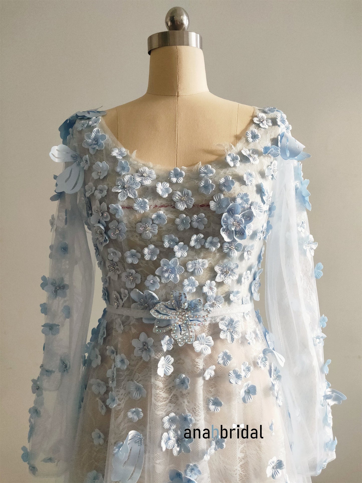 Sky Blue 3D Lace Bloom Prom Dress/