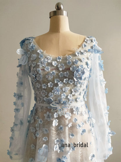 Sky Blue 3D Lace Bloom Prom Dress/
