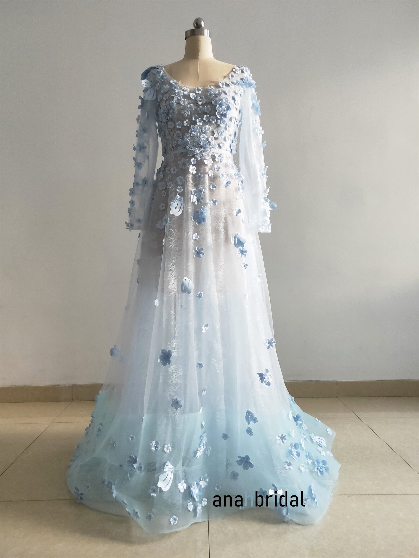 Sky Blue 3D Lace Bloom Prom Dress/