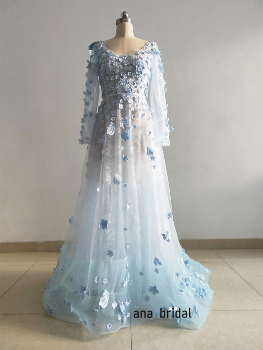 Sky Blue 3D Lace Bloom Prom Dress/