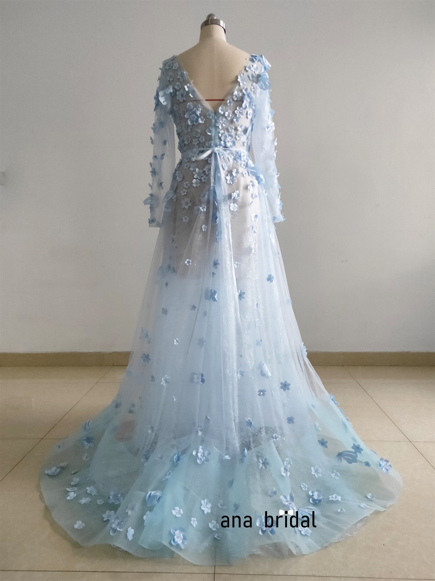 Sky Blue 3D Lace Bloom Prom Dress/