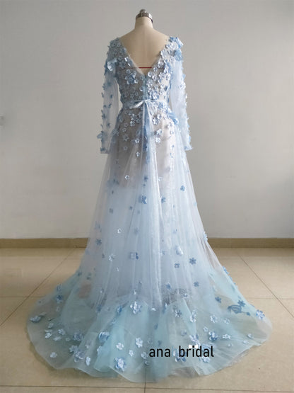 Sky Blue 3D Lace Bloom Prom Dress/