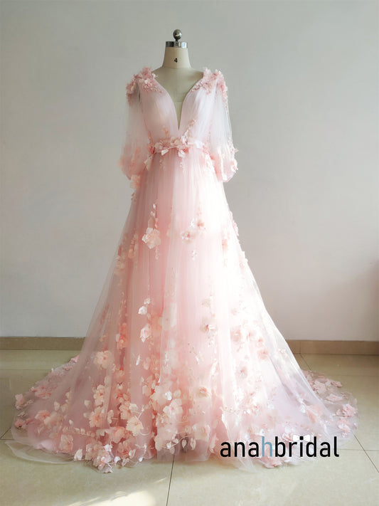 Pink Floral Lace Tulle Romantic Wedding Dress