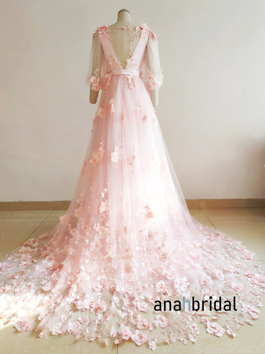 Pink Floral Lace Tulle Romantic Wedding Dress