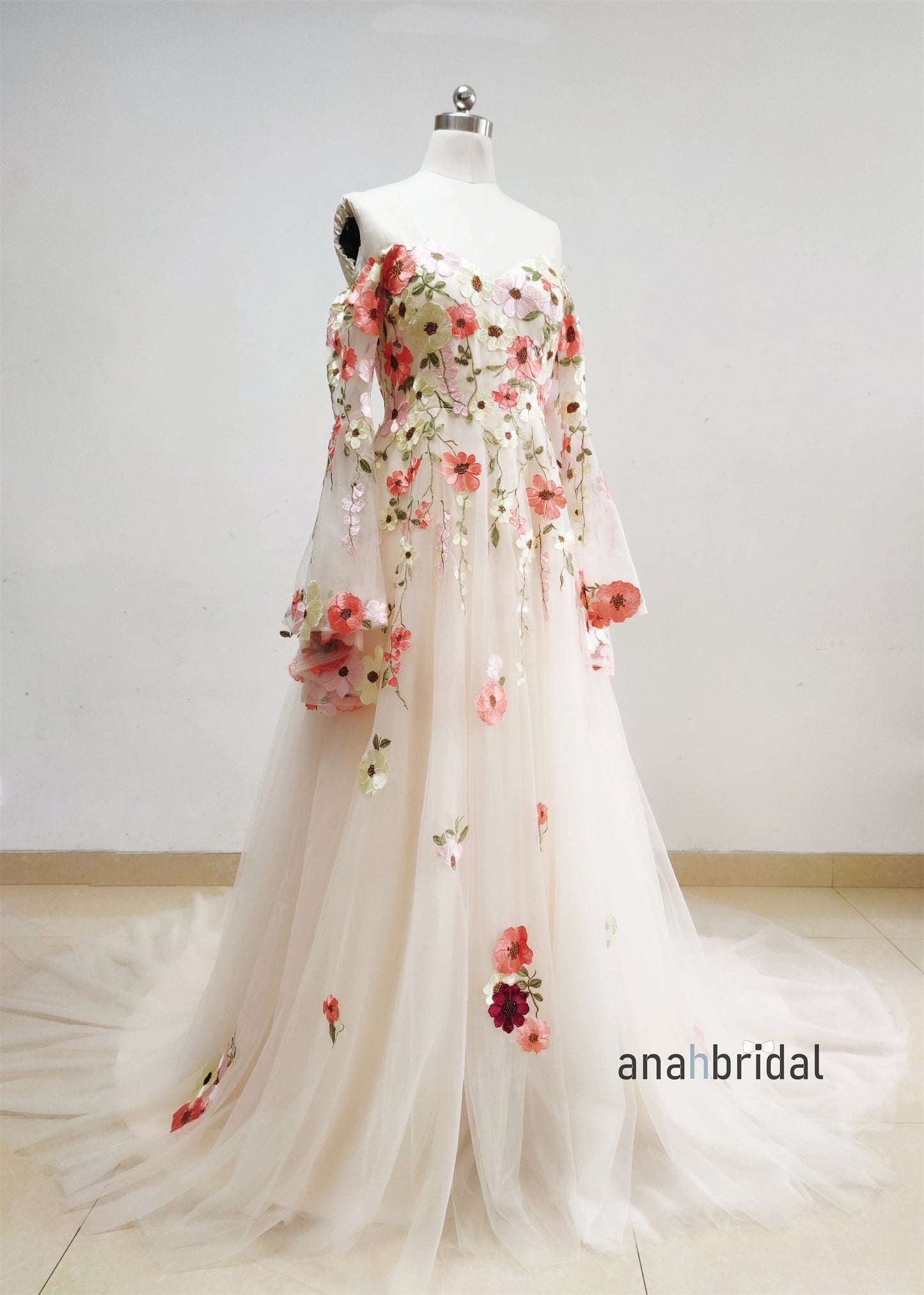 Off Shoulder  Floral Lace Tulle Wedding Dress