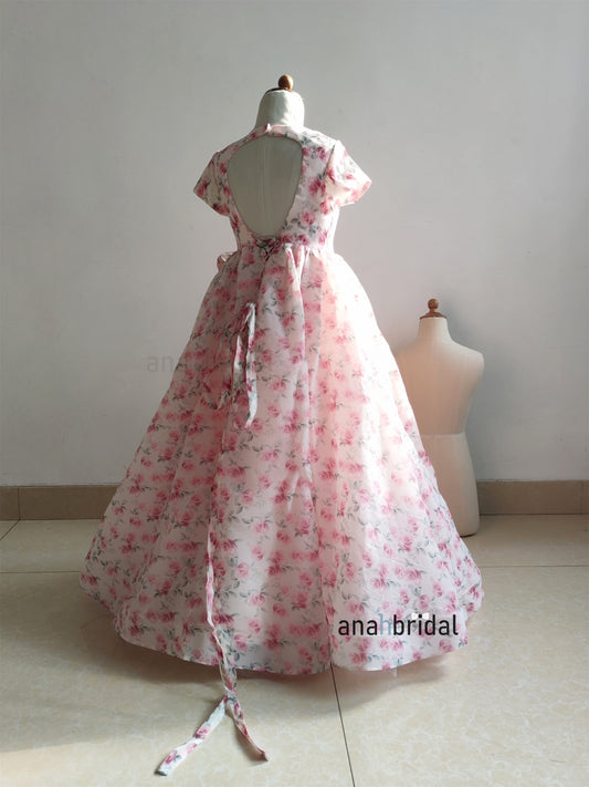 Pink Printed Chiffon Flower Girl Dress