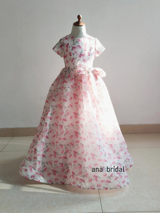 Pink Printed Chiffon Flower Girl Dress