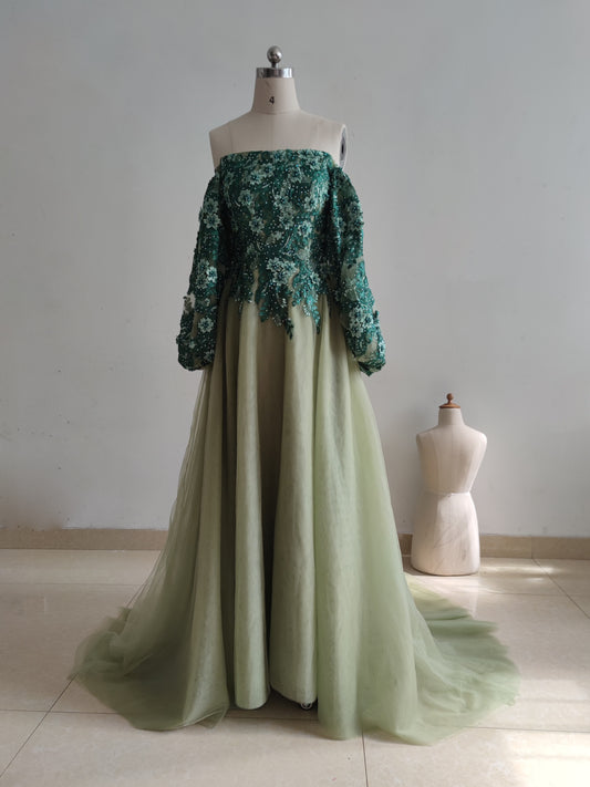 Beaded Green Lace Tulle Fairytale Wedding Dress