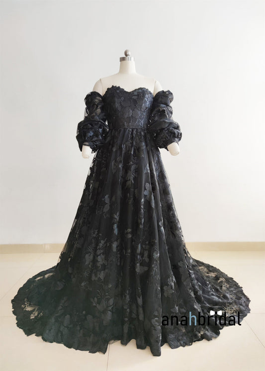 Off Shoulder Black Lace Wedding Dress
