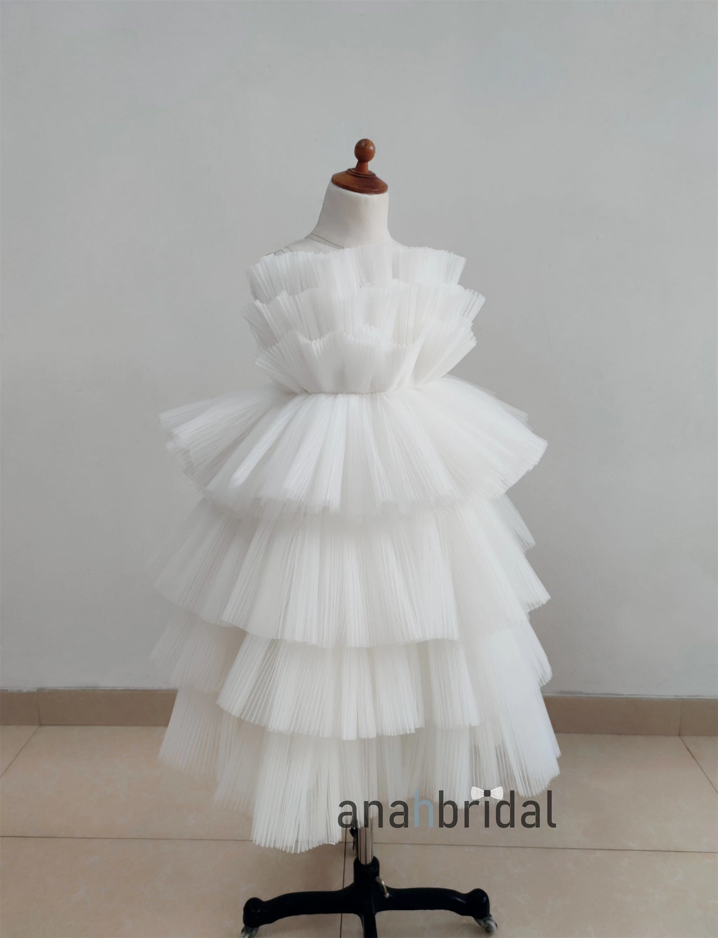 White Pleated Tulle  Flower Girl Dress