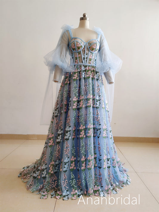 Light Blue Floral Prom Dress /Photoshoot Dress