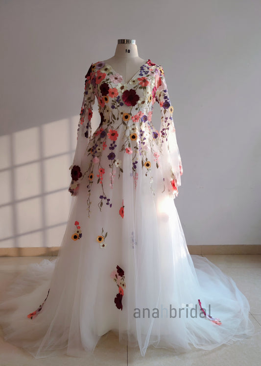 V Neck Floral Stunning White  Wedding Dress