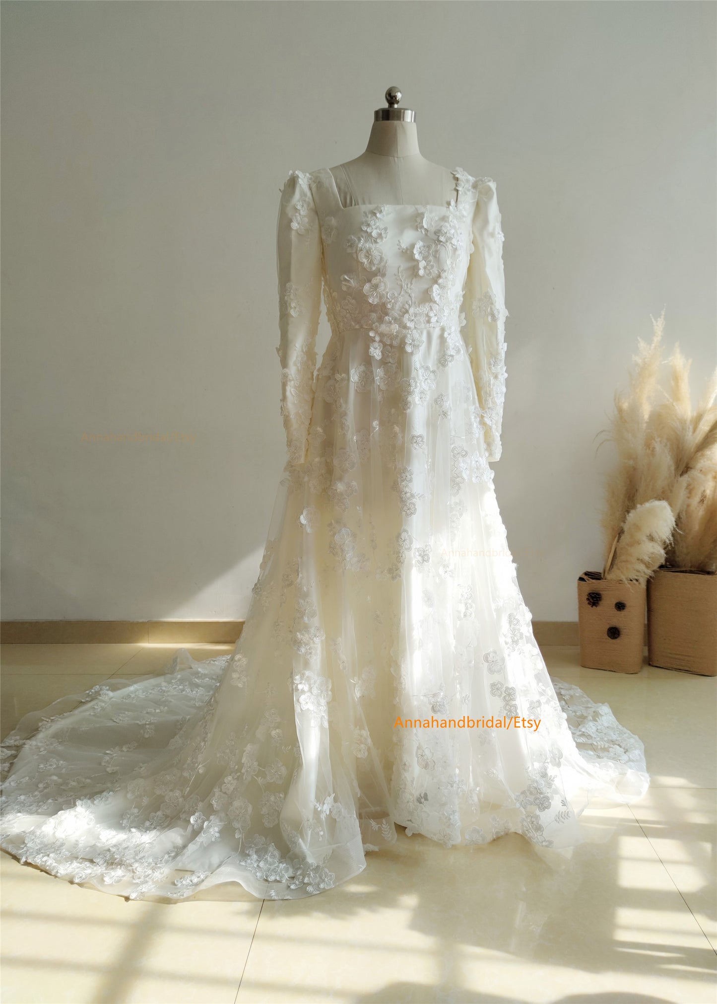 Square Neck Cream Floral Wedding Dress