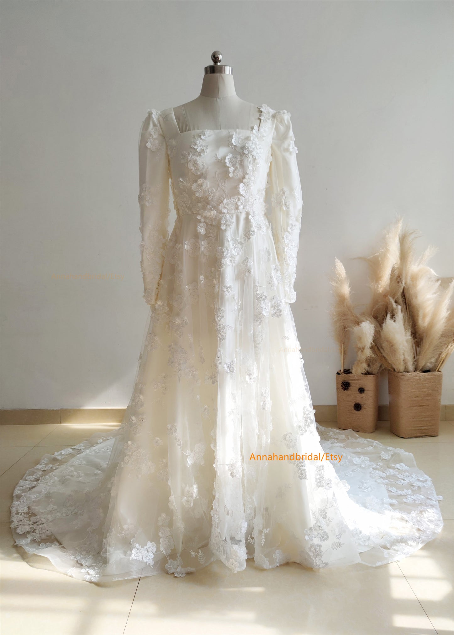 Square Neck Cream Floral Wedding Dress