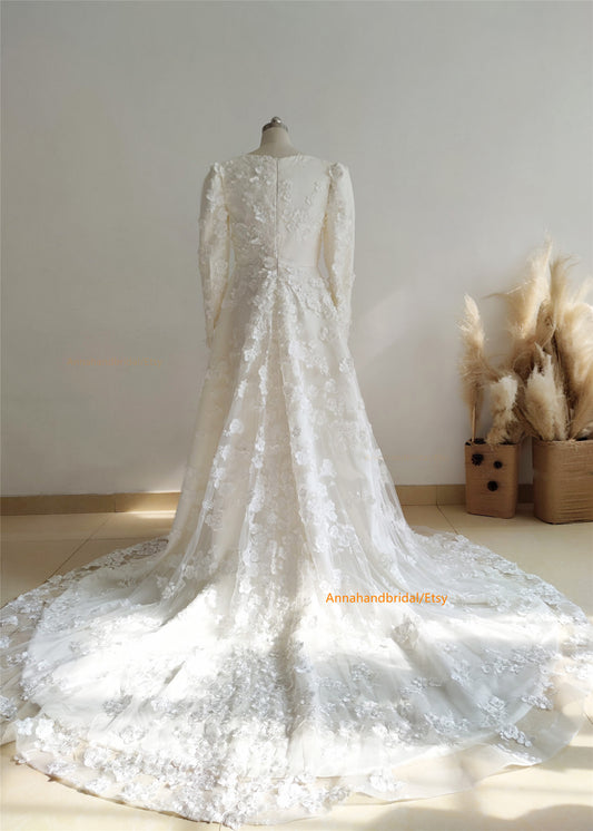 Square Neck Cream Floral Wedding Dress