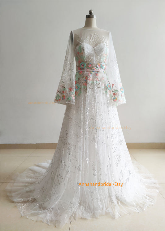 White Sparkle Floral Wedding Dress